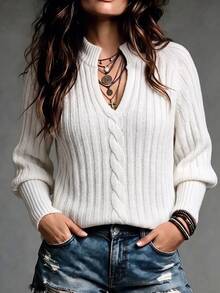 Balvessa Women's Solid Color Casual Versatile Daily Wear Long Sleeve Sweater - White - View 3