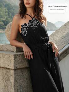 CAJUNI Chic Vacation Chic Elegant Flower Embellishment Jumpsuit - Black - View 8