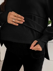 SHEIN Maternity Solid Color Round Neck Raglan Long Sleeve Casual Nursing Sweatshirt Winter - Black - View 8