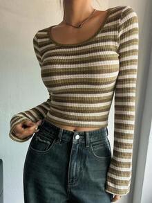 DAZY 女款極簡百搭條紋拼色長袖T恤 Y2K - 黃色 - 查看 6
