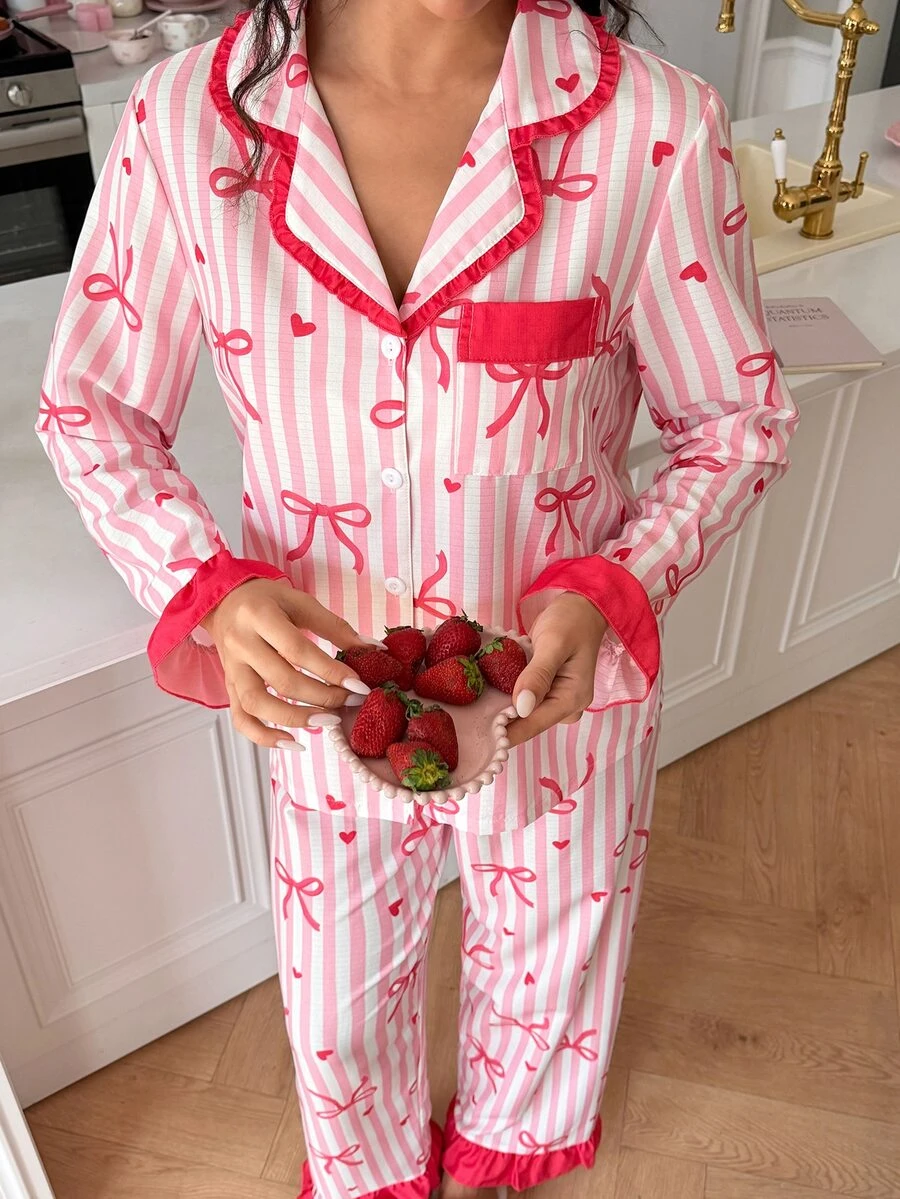 SweetSlumber Women's Sweet Romantic Cute Bow Heart Stripe Print Patchwork Contrast Color Ruffle Collar Open Front Pink Pajama Set - Pink - View 1