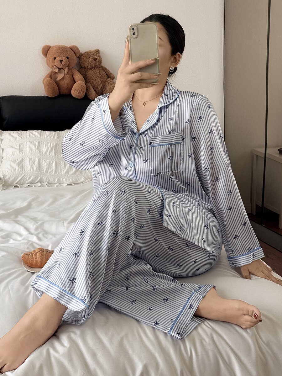 Doze Lane Conjunto de Pijama Talla Grande con Estampado de Rayas & Lazo y Ribete de Contraste - Multicolor - Ver 1