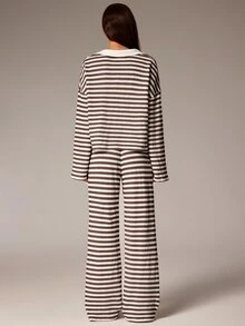 Athîral Women's Striped Drop Shoulder Long Sleeve T-Shirt And Pants Casual 2 Pieces Set - Multicolor - View 2
