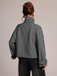 SHEIN BAE 女款全印花立領休閒日常長袖夾克 - 黑色 - 查看 2