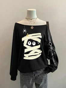 SHEIN EZwear Casual Loose Off-Shoulder Printed Pattern Thick Sweatshirt - Black - View 9