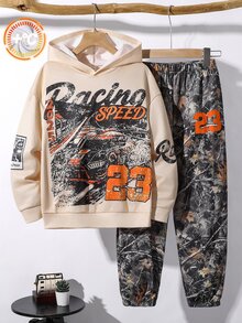 SHEIN 2件組兒童青少年男孩休閒運動數字23賽車圖案卡其色連帽衛衣，適合秋冬、學校、家庭聚會、度假、派對，男孩套裝 - 彩色 - 查看 4