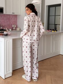 SweetSlumber Women's Christmas Gingerbread Man Bow Collar Long Sleeve Pants Pajama Set - Multicolor - View 2