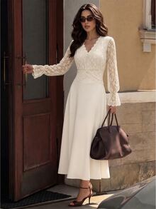 Modelyn Autumn/Winter Elegant Women's Long Dress V-Neck Design Long Sleeve Lace Fabric Patchwork Ruffle French Romantic Dress - Apricot - View 8