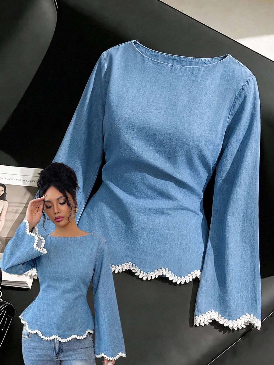 GlowEve Women's Round Neck Long Sleeve Patchwork Floral Lace Trim Denim Top - Blue - View 1