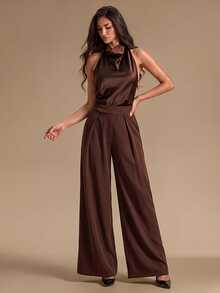 SHEIN Glamour 女款素色百褶休閒通勤西裝長褲 - 中紫紅色 - 查看 4