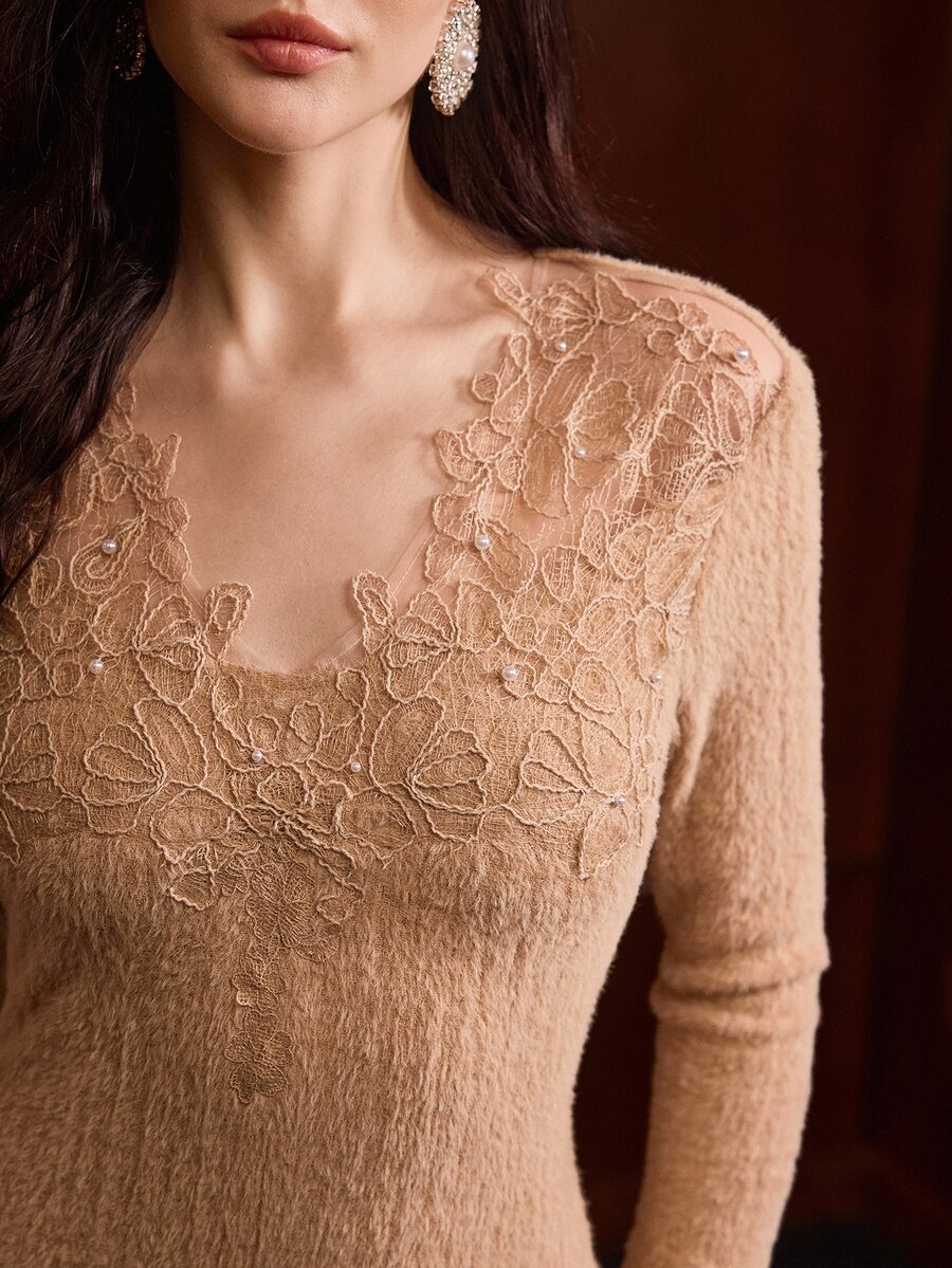 MOTF PREMIUM WOMEN'S AUTUMN/WINTER EMBROIDERED BEADED COLLAR FLARED SLEEVE CINCHED WAIST A-LINE KNIT DRESS - Khaki - View 1
