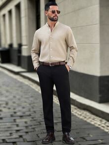 Manfinity Bizformal 2026春夏男士亨利領立領長袖鈕扣襯衫，極簡日系風格 - 卡其色 - 查看 5