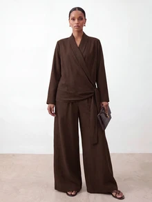 Zivah Solid Wrap Knot Side Blazer & Wide Leg Pants Suit Set - Brown - View 8