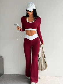StreetHx Women's Colorblock Cropped Long Sleeve T-Shirt And Criss-Cross Waist Colorblock Flared Pants Sports Set - Multicolor - View 4