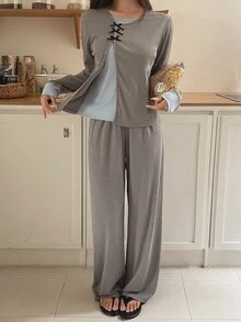 DAZY Women's Bowknot Decor Contrast Color Top And Pants Pajama Set - Grey - View 1