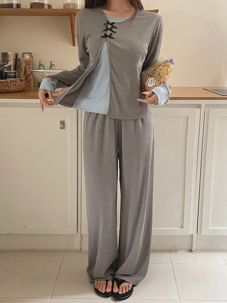 DAZY Women's Bowknot Decor Contrast Color Top And Pants Pajama Set - Grey - View 1