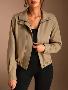 SHEIN BASICS Women's Street Fashion Casual Button Pocket Long Sleeve Jacket Everyday Travel Khaki Autumn Fall/Winter Winter Warmth - Khaki - View 8