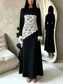 SHEIN Raffinéa فستان طويل أنيق جديد للنساء بتصميم غير متماثل مع رقعات دانتيل وخصر مشدود للتنقل اليومي - الأسود - مشاهدة 5