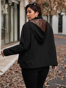 Chikora Plus Size Hooded Thermal Lined Denim Zipper Long Sleeve Jacket - Black - View 2