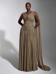 Elitara Elegant Grey Minimalist Sophisticated Cowl Neck Long Ribbon Pleated Design A-Line Skirt High Slit Maxi Dress Suitable For Wedding Events Holiday Parties Formal Evening Banquets Bridesmaid Gown - Brown - View 4