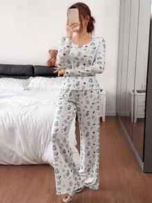 Napfluff Women's Casual Knit Lace Trim Cute Heart Print Loungewear Pajama Set - Multicolor - View 6