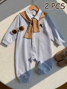 SHEIN 中性嬰兒男/女嬰、幼兒 2件組秋冬抓絨加厚可愛學院風藍白條紋連身衣與棕色披肩，嬰兒冬季連身衣套裝，聖誕 - 藍色 - 查看 3