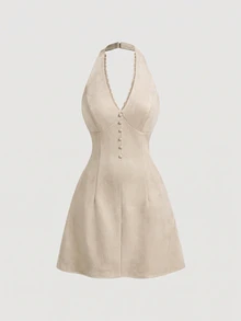 SHEIN MOD Women's Solid Color Contrast Lace Trim Halter Mini Dress - Apricot - View 3