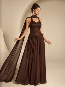 Coutiva Gaun Malam Wanita Warna Polos Berlipit Elegan yang Mempertegas Pinggang - Coffee Brown - View 12