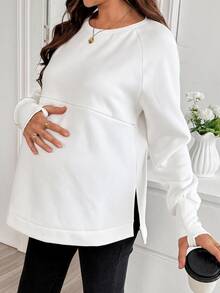 SHEIN Maternity Solid Color Nursing Function Casual Daily Long Sleeve Sweatshirt Winter - White - View 5