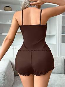 Softscene Casual Minimalist Heart Print Camisole & Shorts Women's Pajama Set - Coffee Brown - View 2