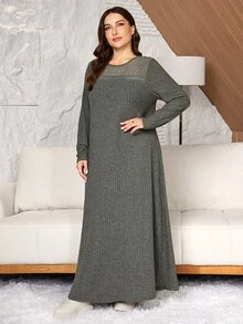 Lacomfia Hollow Lace Patchwork Knit Brushed Ribbed Loose Long Sleeve Dress Casual Minimalist Fashion Elegant Comfortable Plus Size - Fresh Green - View 4