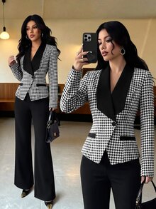 SHEIN Raffinéa Women's Elegant Daily 2 Pieces Set Blazer & Straight Leg Trousers Outfit, Contrast Color Collar Slimming Fashion Suit Fall Winter Office Commuter - Black - View 1