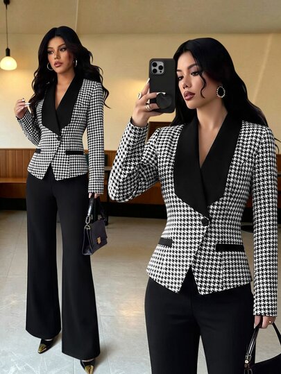 SHEIN Raffinéa Bộ 2 món nữ thanh lịch mặc hàng ngày gồm blazer và quần ống đứng, cổ phối màu tương phản, tôn dáng thời trang, phù hợp đi làm công sở mùa thu đông