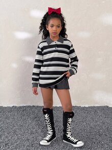 Tween Girls Casual Striped Kids Polo Collar Long Sleeve T-Shirt, Fall/Winter - Grey - View 2