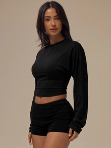 MUSERA ESSENTIALS Black Fitted Cinched Waist Long Sleeve Cropped Top Autumn Winter Fall Basics Casual City Break Essential - Black - View 3