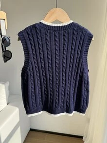 SHEIN كنزة صوفية محبوكة بكابلات للفتيات المراهقات، كنزة صوفية بأسلوب بريبي، ضرورية للخريف/الشتاء - أزرق بحري - مشاهدة 2