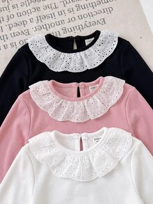 SHEIN 女嬰秋冬白色針織彼得潘領長袖上衣，附保暖內裡 - 白色 - 查看 6