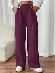 SHEIN PETITE CURVE Plus Size Women's Double Buckle Straight Leg Elegant Commuter Pants Fall - Red Violet - View 5