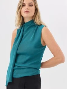 KÆRIA Hus Atasan Rajut Tanpa Lengan Berkerah Minimalis Warna Polos untuk Wanita - Hijau - View 3