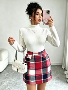 SHEIN Franclia 女款高腰鈕扣設計格紋優雅裙 - 彩色 - 查看 3