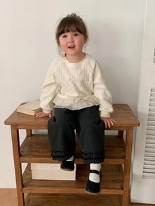 DAZY Baby Girl Round Neck Ruffle Trim Long Sleeve Korean Style One-Piece Casual Sweatshirt, Autumn/Winter - Apricot - View 7