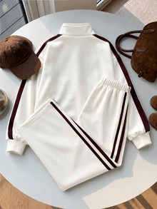 SHEIN 兒童青少年女孩秋冬休閒街頭時尚拼接刺繡立領對比色織帶拉鍊連帽外套與長褲兩件套，適合返校與日常穿著 - 白色 - 查看 4