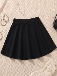 SHEIN 青少年女孩秋冬純黑色高腰A字喇叭裙褲，休閒百搭迷你裙 - 黑色 - 查看 2