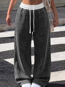Kids Tween Girl Contrast Waistband Black Knit Denim Loose Fit Long Pants - Black - View 2
