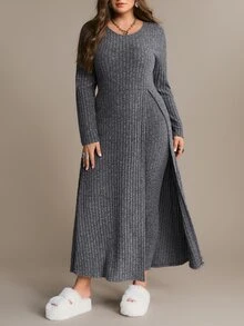 Freevana Ribbed Knit Two Pieces Set With Long Slit Tunic And Stretch Leggings, Cozy Loungewear-To-Streetwear - Dark Grey - View 5