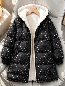 SHEIN 1件女童波點印花抓絨內裡連帽加厚外套，冬季中長款加厚防寒外套，雙層保暖+抓絨內裡，連帽+緊口袖口有效防風，兼具功能與時尚，冬季高出片率 - 黑與白 - 查看 6