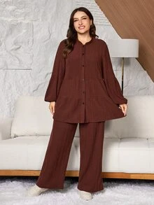 Lacomfia Plus Size Women Stand Collar, Lantern Split Long Sleeve, Fuzzy Textured, Split Stand Collar Shirt Top Patchwork Ribbed Casual Autumn Winter Loose Comfortable Two Pieces Set - Coffee Brown - View 5