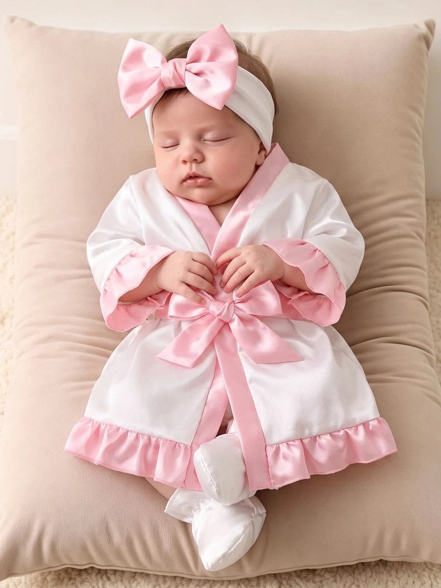 Newborn Baby Girl Robe, Solid Color Silk Fabric, With Ruffle Trim Soft Solid Color Tie - Multicolor - View 1