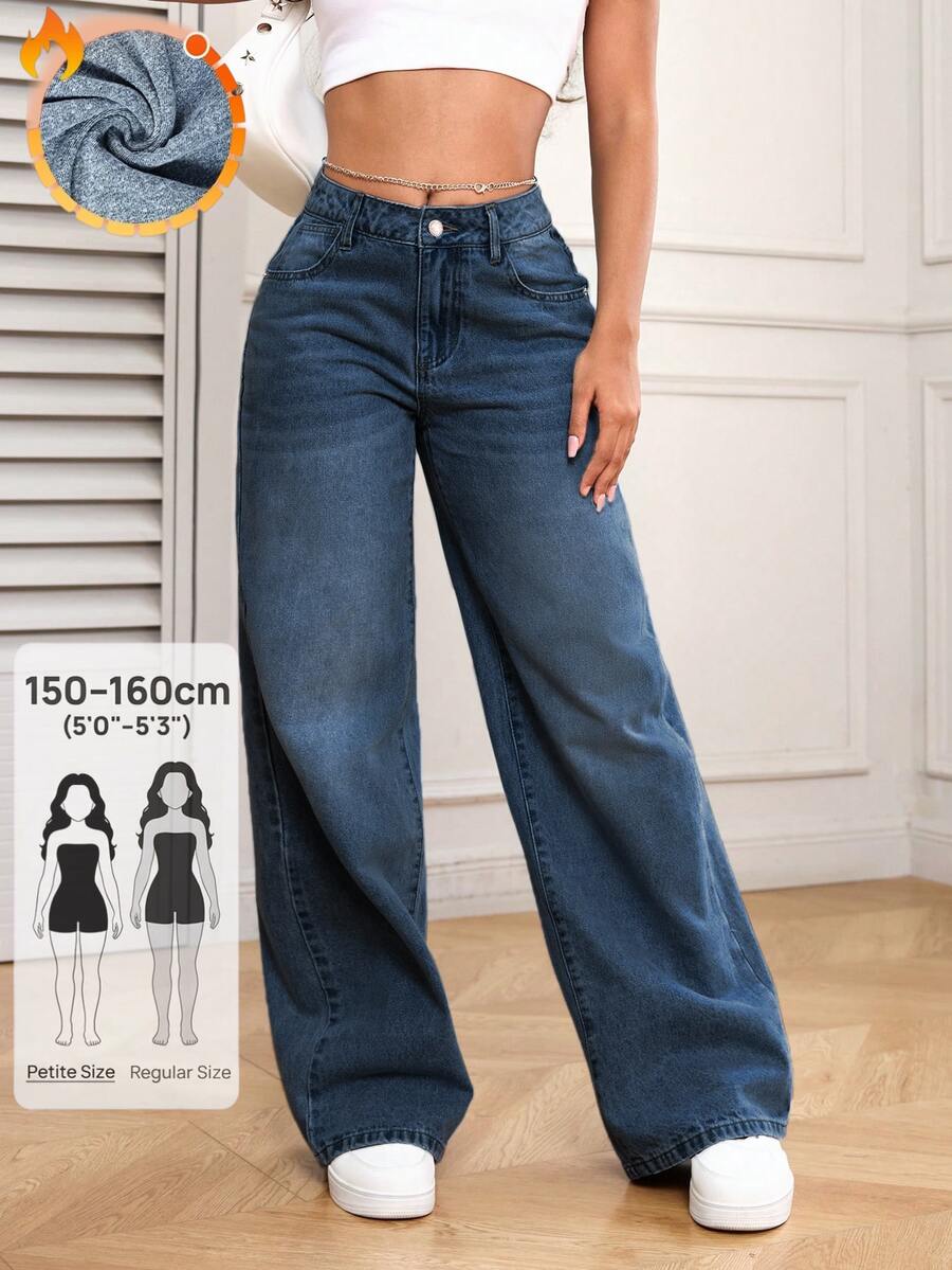 SHEIN PETITE 女款休閒日常牛仔褲,附口袋與鈕扣設計 - 寶藍色 - 查看 1