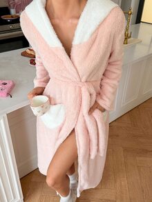 SweetSlumber Women's Colorblock Hooded Bow Long Plush Robe - Pink - View 3